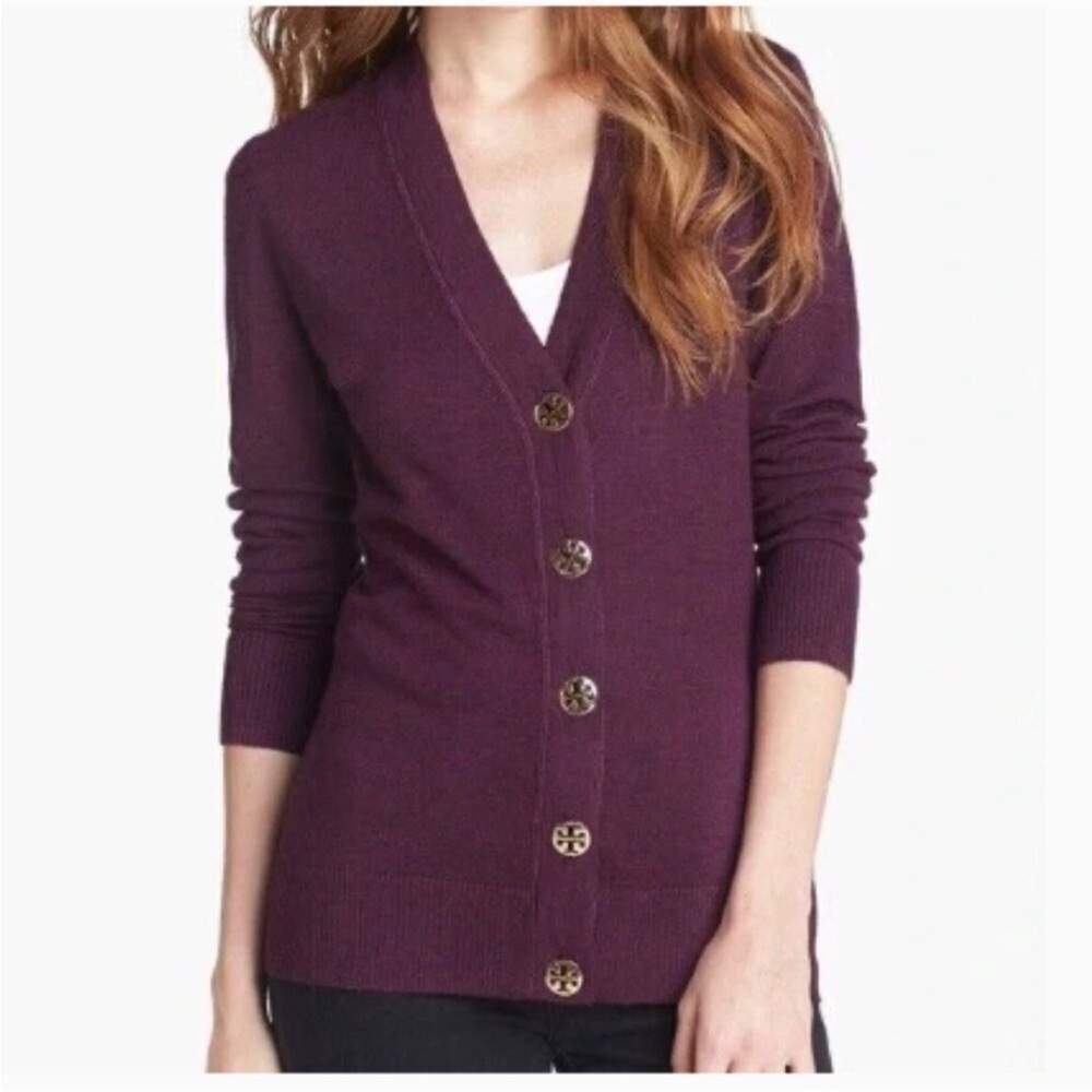Tory Burch Simone Merino Wool Logo Button Cardigan Sweater Quiet Luxury